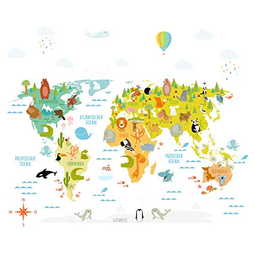 173 Wandtattoo Weltkarte mit Tieren - Kinderzimmer Wanddeko Größe 1800 x 1240 mm von nikima Schönes für Kinder