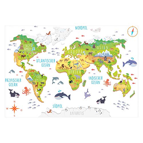 174 Wandtattoo Weltkarte mit Tieren 3D - Kinderzimmer Wanddeko Größe 1800 x 1240 mm von nikima Schönes für Kinder