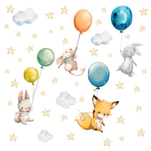 184 Wandtattoo Tiere mit Luftballon - Aquarell Fuchs, Hase, Maus - Kinderzimmer Deko Wandbild Sticker Aufkleber - Größe 1000 x 560 mm von nikima Schönes für Kinder