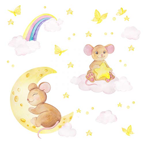 192 Wandtattoo Maus mit Mond und Wolke - Aquarell Regenbogen, Sterne Größe 750 x 420 mm von nikima Schönes für Kinder