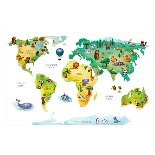 202 Wandtattoo Weltkarte mit Tieren - Kinderzimmer Wanddeko Größe 1500 x 1000 mm von nikima Schönes für Kinder