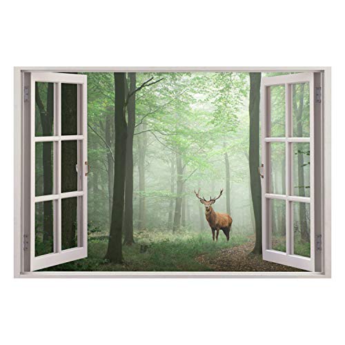 217 Wandtattoo Fenster - Wald Hirsch im Nebel Größe 1000 x 670 mm - in 5 Größen - Kinderzimmer Sticker Wandaufkleber Wanddeko Wandbild von nikima Schönes für Kinder