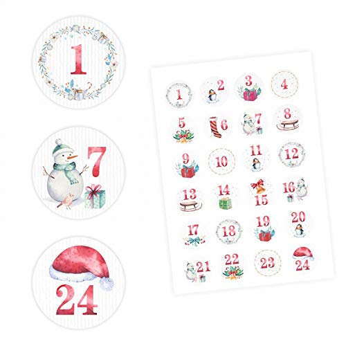 24 Adventskalender Zahlen Aufkleber Aquarell - rund 4 cm Ø - Sticker Weihnachten zum basteln dekorieren DIY von nikima Schönes für Kinder