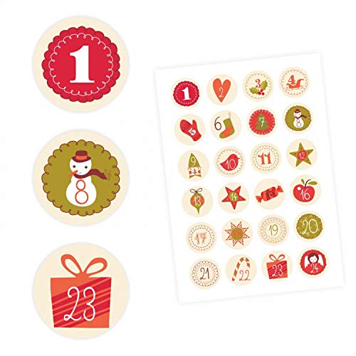 24 Adventskalender Zahlen Aufkleber BEIGE Retro - rund 4 cm Ø - Sticker Weihnachten zum basteln dekorieren DIY von nikima Schönes für Kinder