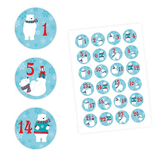 24 Adventskalender Zahlen Aufkleber Eisbären - rund 4 cm Ø - Sticker Weihnachten zum basteln dekorieren DIY von nikima Schönes für Kinder