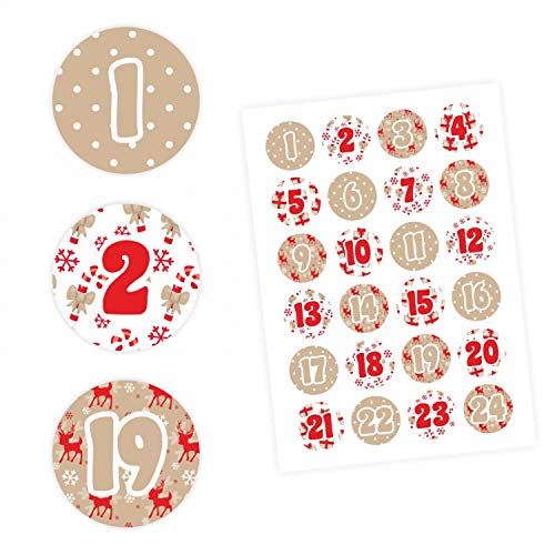 24 Adventskalender Zahlen Aufkleber ROT/BEIGE - rund 4 cm Ø - Sticker Weihnachten zum basteln dekorieren DIY von nikima Schönes für Kinder