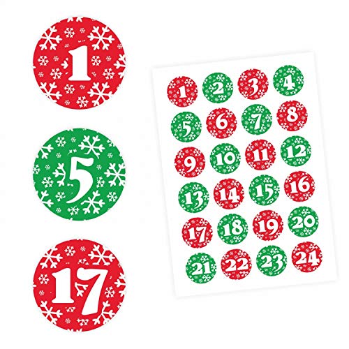 24 Adventskalender Zahlen Aufkleber ROT/GRÜN Schneeflocken - rund 4 cm Ø - Sticker Weihnachten zum basteln dekorieren DIY von nikima Schönes für Kinder