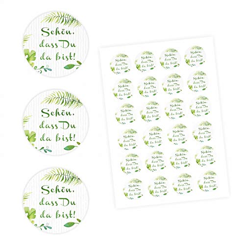 24 "Schön, dass Du da bist!" Aufkleber - Floral Weiß/Grün - rund 4 cm Ø - Sticker Hochzeit Gastgeschenk von nikima Schönes für Kinder