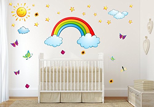 nikima - 006 Wandtattoo Kinderzimmer Regenbogen Sonne Wolken Sterne Sticker - in 6 Größen - Kinderzimmer Sticker Babyzimmer Wandaufkleber niedliche Wandsticker süße Wanddeko Wandbild Junge Mädchen (1000 x 560 mm) von nikima Schönes für Kinder