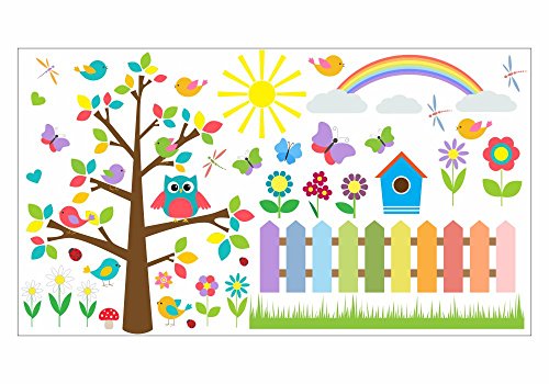 nikima - 021 Wandtattoo Wandbild Kinderzimmer bunte Eule auf Baum, bunte Blumen, Schmetterlinge - in 6 Größen - niedliche Kinderzimmer Sticker Babyzimmer Aufkleber süße Wanddeko Wandbild Junge Mädchen (1750 x 980 mm) von nikima Schönes für Kinder