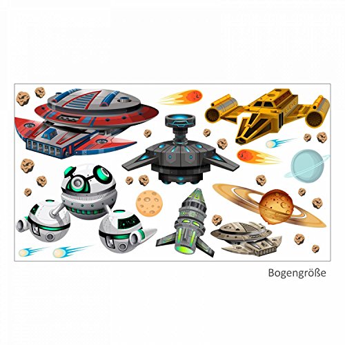 nikima - 022 Wandtattoo Raumschiffe UFO Space Shuttle Planet Weltall Meteorit - in 6 Größen - Coole Kinderzimmer Sticker und Aufkleber süße Wanddeko Wandbild Junge Mädchen Größe 1000 x 560 mm von nikima Schönes für Kinder