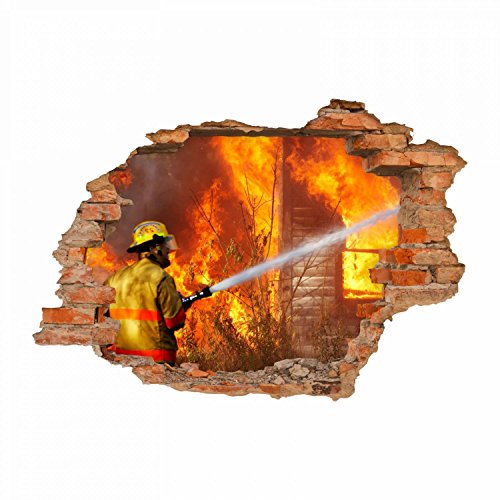 nikima - 054 Wandtattoo Feuerwehrmann - Loch in der Wand Feuerwehr löscht Haus Feuer - in 6 Größen - Coole Kinderzimmer Sticker und Aufkleber Wanddeko Wandbild Junge Mädchen Größe 1000 x 700 mm von nikima Schönes für Kinder