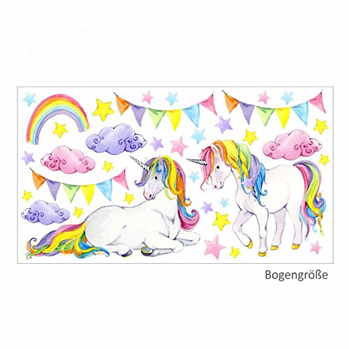 nikima - 072 Wandtattoo Einhorn bunt Regenbogen Kinderzimmer Baby - in 6 Größen - niedliche Kinderzimmer Sticker Babyzimmer Aufkleber süße Wanddeko Wandbild Junge Mädchen Größe 2000 x 1120 mm von nikima Schönes für Kinder