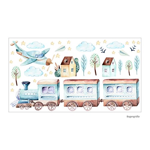 nikima - 120 Wandtattoo Zug Eisenbahn Flugzeug Sterne Wolken Aquarell - in 6 Größen - wunderschöne Kinderzimmer Sticker Aufkleber bezaubernde Wanddeko Wandbild Junge Mädchen Baby - Größe 1500 x 840 mm von nikima Schönes für Kinder