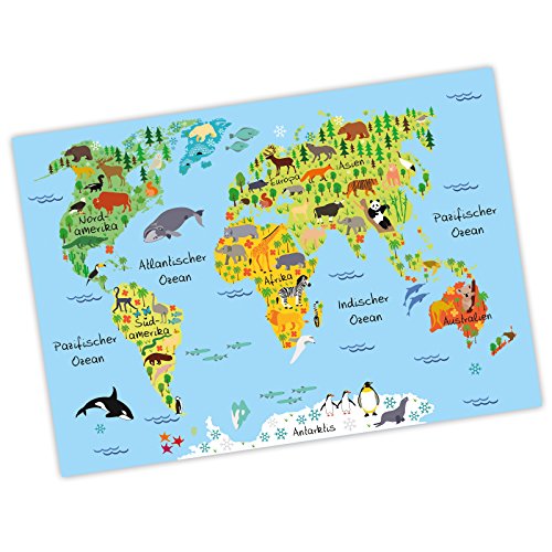 nikima - Kinder Weltkarte Blau Poster Plakat Tiere Erde Wandbild Kinderzimmer schöne Wanddeko Kontinente (A3-420 x 297 mm) von nikima Schönes für Kinder
