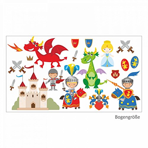 nikima Schönes für Kinder 008 Wandtattoo Ritter mit Drachen Burg - in 6 Größen - Kinderzimmer Sticker Wandaufkleber Wandsticker Wanddeko Wandbild Junge (1500 x 840 mm) von nikima Schönes für Kinder