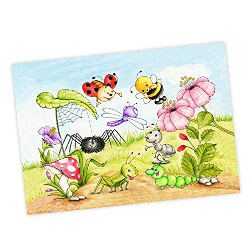 063 Krabbeltiere Zeichnung - Poster Bild für Das Kinderzimmer oder Babyzimmer - Raupe Marienkäfer Biene Libelle (ohne Rahmen) - Größe DIN A2-594 x 420 mm von nikima Schönes für Kinder