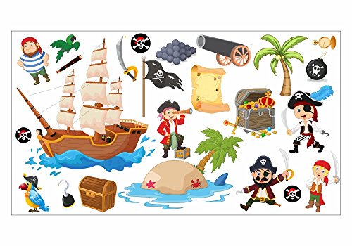 nikima Schönes für Kinder 063 Wandtattoo Pirat Kapitän Schiff Insel Schatztruhe - in 6 Größen - Kinderzimmer Sticker Wandaufkleber Wandsticker Wanddeko Wandbild Junge Mädchen - Größe 1500 x 840 mm von nikima Schönes für Kinder