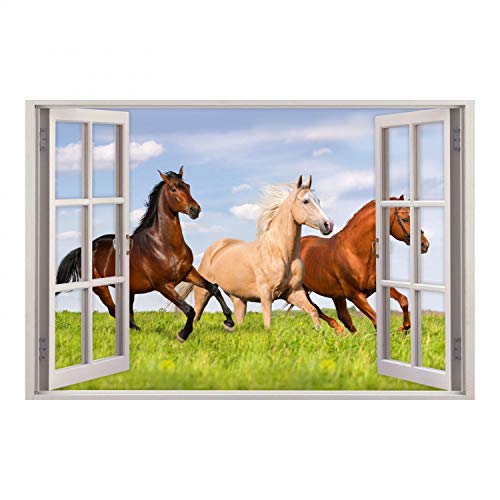 nikima Schönes für Kinder 157 Wandtattoo Fenster - Pferde auf Wiese - in 5 Größen - Kinderzimmer Wanddeko Mädchen Wandbild reiten - Größe 1000 x 670 mm von nikima Schönes für Kinder