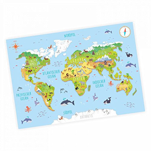 nikima - Kinder Weltkarte 3D in 3 Größen A3/ A2/ A1 Poster Plakat Tiere Erde Wandbild Kinderzimmer schöne Wanddeko Kontinente niedliche Tiere - A1-841 x 594 mm von nikima Schönes für Kinder