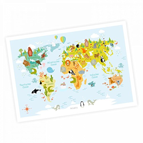 nikima - Kinder Weltkarte modern in 3 Größen A3/A2/A1 Poster Plakat Tiere Erde Wandbild Kinderzimmer schöne Wanddeko Kontinente niedliche Tiere - DIN A3-420 x 297 mm von nikima Schönes für Kinder