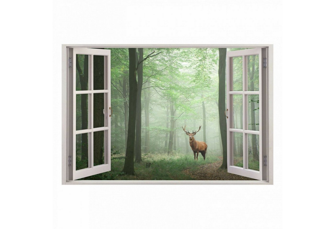 nikima Wandtattoo 217 Fenster - Wald Hirsch im Nebel (PVC-Folie), in 5 vers. Größen von nikima