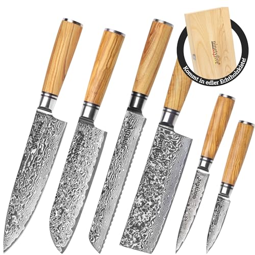 ninetyfive® hochwertiges 6 teiliges Damastmesser Set mit edler Geschenkbox aus Holz | extrem scharfe Küchenmesser mit Echtholzgriff | Küchenmesser Damast | Messerset | Messer damast von ninetyfive
