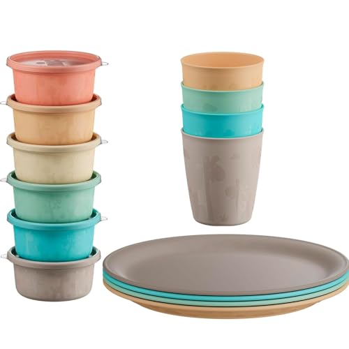 NIP 14 tlg. Geschirr-Set für Kleinkinder und Babys, aus Kunststoff BPA-frei, Made in Germany: 4 x Teller, 4 x Trinkbecher, 6 x SnackBox, spülmaschinen- und mikrowellengeeignet von nip