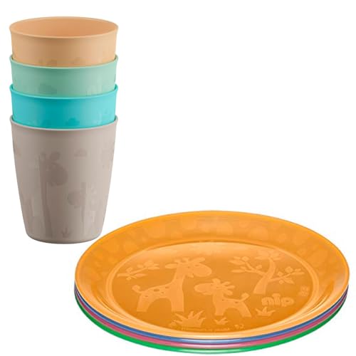 NIP , Kunststoff 8 tlg. Kleinkinder-Set // made in Germany // Teller mit Motiv 4er Pack & Trinkbecher 4er Pack // Niedliches Giraffenmotiv BPA frei von nip