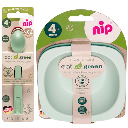 NIP Eat Green Geschirrset ab 4. Monat, 2 Breischale + 3 Eat Green öko bio Babylöffel, Made in Germany, Top Qualität Melamin frei, BPA frei, Spülmaschinenfest, geeignet für die Mikrowelle von nip