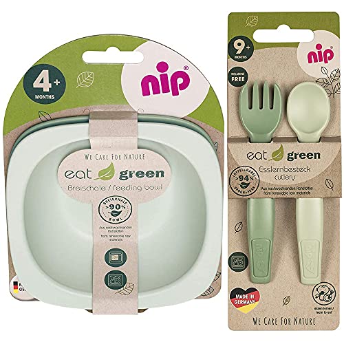 NIP Geschirrset NEUTRAL öko bio ab 9. Monat, 2 Breischale + Eat Green öko bio Esslernbesteck, geeignet für die Mikrowelle, Melamin frei, BPA frei, Spülmaschinenfest, made in Germany von nip