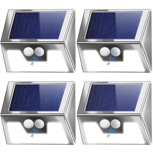 Solarlampen für Außen mit Bewegungsmelder Kaltes Weiß, 4 Stück Solarlampe Aussen, 3 Modi Solarleuchte Sicherheitswandleuchte, Wasserdichte Aussenleuchte Wandleuchte für Hauswand Garten[Edelstahl] von nipify