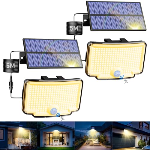 nipify 2 Stück Solarlampen für Außen mit Bewegungsmelder, 318 LED 3 Modi Solar Aussenleuchte IP65 Wetterfest, Weitwinkelbeleuchtung Warmweiß Solarleuchte Wandleuchte für Outdoor Garten von nipify
