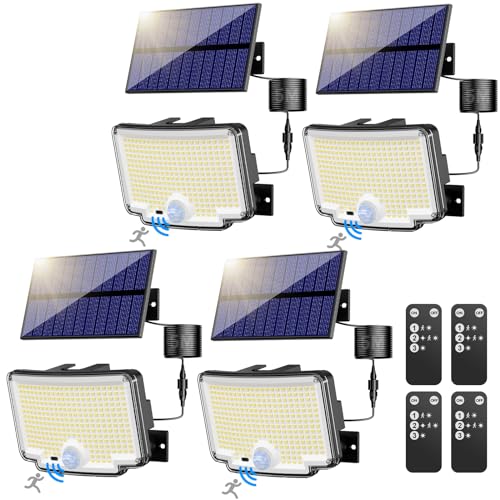 nipify 4 Stück Solarlampen für Außen mit Bewegungsmelder, 310 LED Super Helle 3 Modi Solarleuchte Aussen mit 270° Weitwinkelbeleuchtung, IP65 Wasserdichte Solar Wandleuchte mit 5M Kabel für Garten von nipify