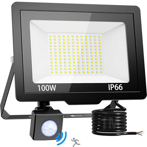nipify LED Strahler mit Bewegungsmelder Außen, 100W LED Fluter Außen, Wasserdichte Außenstrahler Kaltweiß Scheinwerfer mit 100CM langen Kabel für Lager Garten Hotel Innenhöfe von nipify