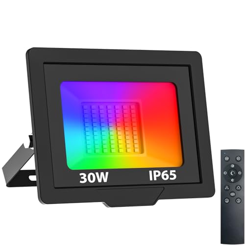 nipify RGB LED Strahler mit Fernbedienung, [30W 3000LM] LED Fluter Außen,IP65 Wasserdichte Außenstrahler Scheinwerfer mit 100CM Langen Kabel für Lager Garten Hotel Innenhöfe Garage von nipify