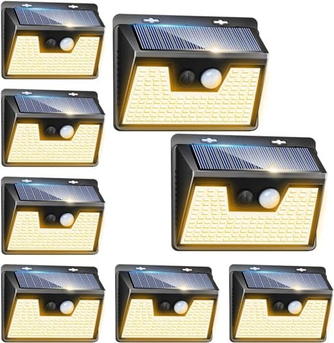 nipify Solarlampen für Außen mit Bewegungsmelder Warmweiß, 【8 Stück】 140 LED 3 Modi Solarleuchten für Außen IP65 Wasserdichte LED Solar Aussenleuchte mit Bewegungsmelder Aussen für Wandleuchte, Garten von nipify