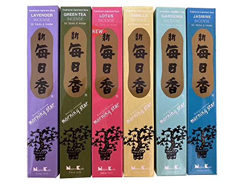 nippon kodo Morning Star Räucherstäbchen-Set, 6 Stück (Lotus, Vanille, Lavendel, Jasmin, Grüner Tee und Gardenia), je 50 Stäbchen von nippon kodo