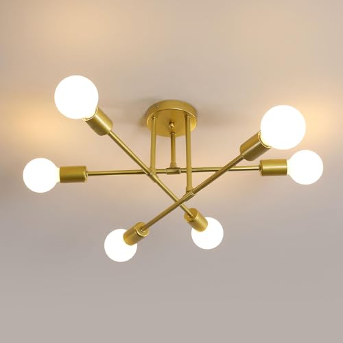 niuniaj 6 Flammig Deckenleuchte Vintage,Sputnik Kronleuchter, Deckenlampe Industrial,E27 Chandelier Gold,Deckenlampe für Wohnzimmer Esszimmer Flur Restaurant Schlafzimmer (ohne Leuchtmittel) von niuniaj