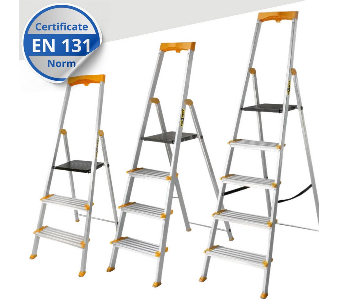 nm_trade Stehleiter Aluleiter Haushaltsleiter mit Ablage 3, 4, 5 Stufen 150 kg EN131, Faltbar/Klappbar, rutschfesten Standfüße, leicht, aus Aluminium nm_trade Stehleiter Aluleiter Haushaltsleiter mit Ablage 3, 4, 5 Stufen 150 kg EN131, Faltbar/Klappbar, rutschfesten Standfüße, leicht, aus Aluminium von nm_trade