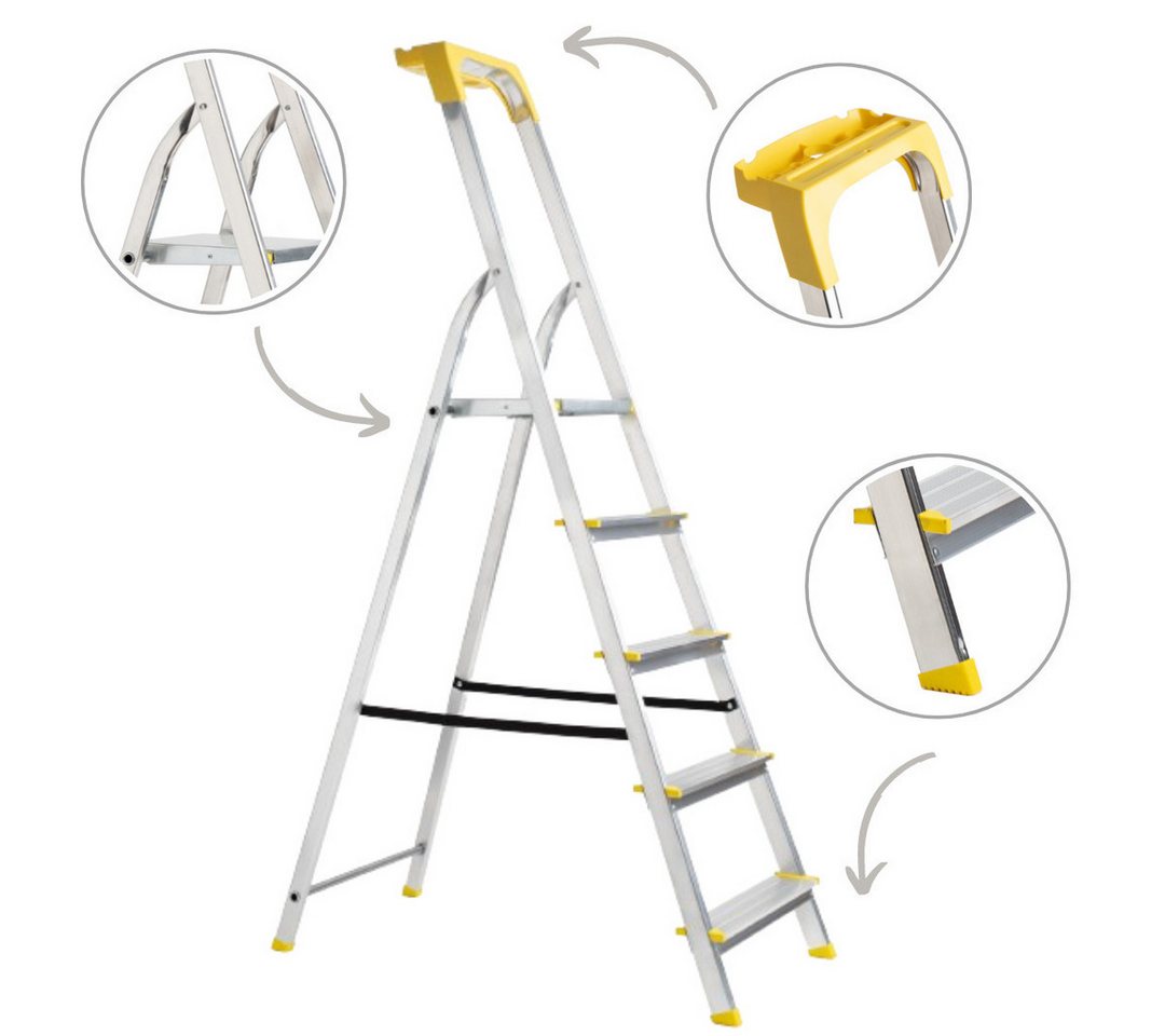 nm_trade Stehleiter Stehleiter Haushaltsleiter mit 5 Stufen Profi Leiter + Ablage, leicht, robust, belastbar bis 120 kg, aus Aluminium, rostfrei von nm_trade