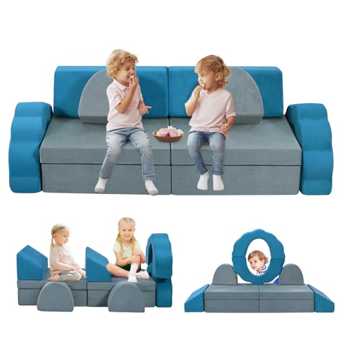 nmoiww Kindersofa, 10-teiliges Schaumstoff-Baustein-Kinderspielsofa, modulares Kindersofa in Mehreren Stilen, faltbar, 2 Sitzer, für Schlafbereich und Kinderspielzimmer (Graublau) von nmoiww