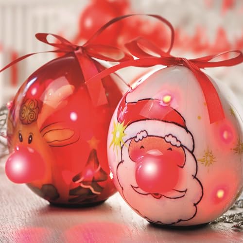 2er Set Weihnachtsbaum Kugeln mit blinkendem LED Licht Weihnachtsmann und Rentier Red Node Rudolph und rotem Aufhängeband mit 80 mm Durchmesser Christbaum X-Mas Weihnacht von noTrash2003