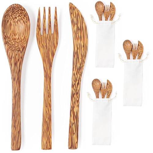 4 Bestecksets dreiteilig aus Kokosnuss im Baumwollbeutel mit Löffel, Messer, Gabel Holzbeck Besteckgarnitur nachhaltig und umweltfreundlich und wiederverwendbar von noTrash2003