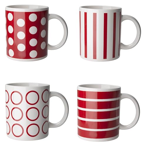 4er Set Becher aus Keramik Kaffeebecher Kaffeepott Haferl Teepott mit vier Rot-Weiss gestreiften und gepunkteten Tassen in bunter Geschenkbox 325 mL von noTrash2003