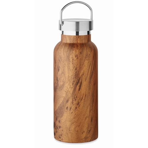 Doppelwandige Isolierflasche Thermosflasche Trinkflasche Auslaufsicher Recycelter Edelstahl (90%) in Holzoptik - Deckel mit Henkel - Füllmenge: 500 ml. von noTrash2003
