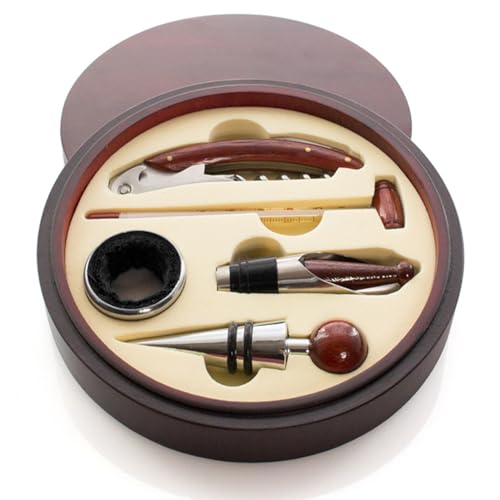 Fünfteiliges Weinset Sommelierset in runder Holzbox mit Weinthermometer, Kellnermesser Korkenzieher, Tropfring, Weinbelüfter, Folienschneider im Geschenketui von noTrash2003