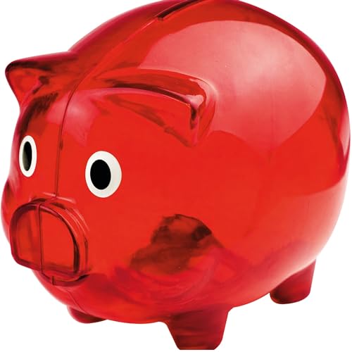 Grosses Transparentes Sparschwein aus Plastik Geschenkidee Sparen Spardose Moneybank Einzeln oder im Doppelset 12,5 x 10 x 10 cm Blau Rot Grün oder Transparent (1, Rot) von noTrash2003