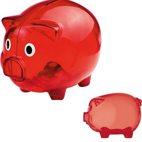 Grosses Transparentes Sparschwein aus Plastik Geschenkidee Sparen Spardose Moneybank Einzeln oder im Doppelset 12,5 x 10 x 10 cm Blau Rot Grün oder Transparent (2, Rot) von noTrash2003