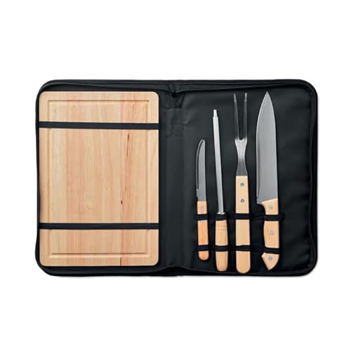 Hochwertiges Edelstahl Grill-BBQ-Set aus 5 Teilen mit Messern, Schneidebrett, Schärfer und Gabel - Schaft und Brett aus Bambus - inklusive Tasche von notrash2003 von noTrash2003